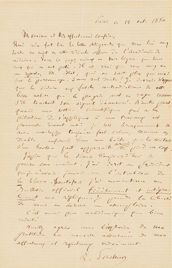 Louis Pasteur - Eigh. Brief m. U. an unbekannten Empfänger