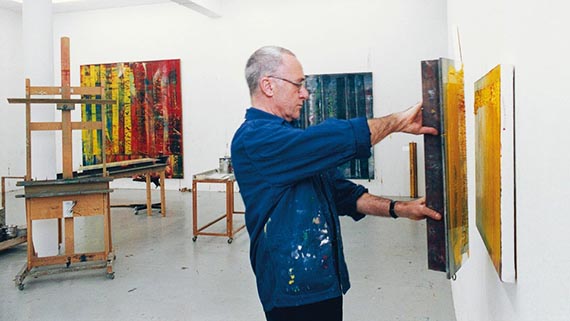 Illustration  for: Gerhard Richter in his studio, painting with the squeegee in 1992. &copy; Gerhard Richter
